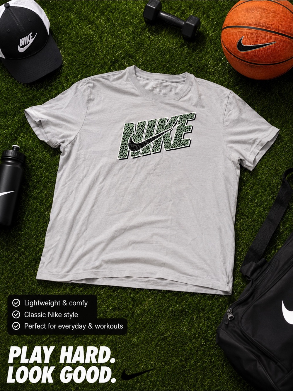Nike White Short-Sleeve Tee with Green Patterned Logo fits more like a L to XL